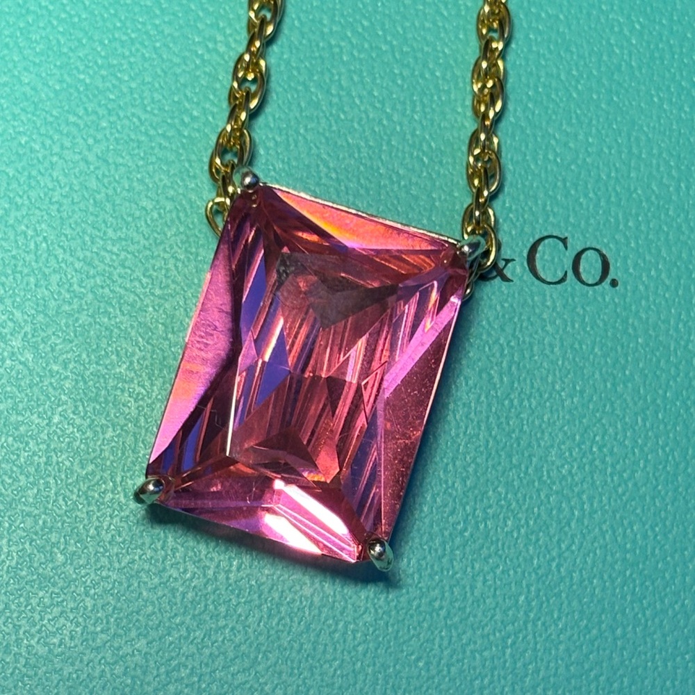 Massive Emerald Cut Pink Tourmaline Sapphire? Pendant 925 Gold Pl 24” GF Chain - Picture 1 of 10